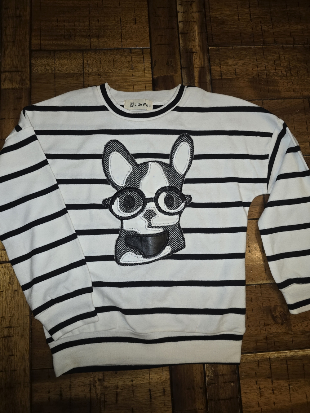 Little Kids' White & Black Striped Sweatshirt with Applique Dog